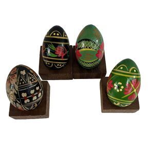 Wooden Hand Painted Lacquered Eggs Bright Decorative Floral Easter